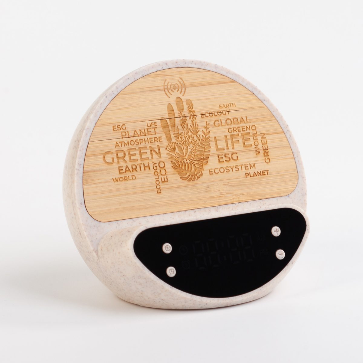 Настольные часы "Smiley" с беспроводным (10W) зарядным устройством и будильником, пшеница/бамбук/пластик — изображение 11